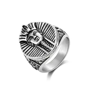 Ancient Egyptian Pharaoh King Tutankhamun Relief Men Ring Stainless Steel Retro Punk Hip Hop Biker Ethnic Jewelry Gift
