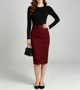 Elegant black long-sleeved slim fit bodysuit paired with burgundy midi skirt