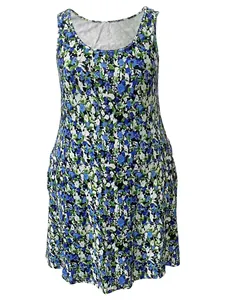 Vestito estivo smanicato a fiori con vestibilità morbida e tasche laterali in blu e verde