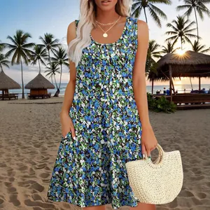 Abito Estivo da Donna con Stampa Floreale Senza Maniche con Tasche Casual Largo Linea A Vestito da Spiaggia Taglie Forti