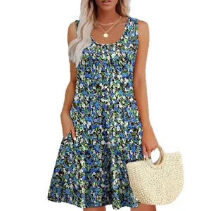 Abito estivo casual da donna senza maniche con stampa floreale e comode tasche laterali