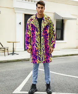 Detailed visual view of men's colorful leopard print faux fur coat in street setting