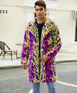 Vibrant leopard print faux fur coat for men, thick plush winter jacket in neon colors.
