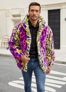 Vibrant neon multi-colored leopard print faux fur jacket for men with zipper closure