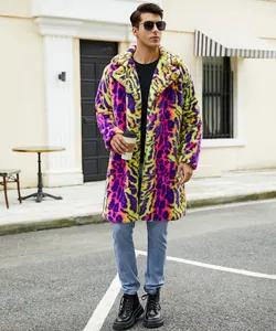 Professional male model wearing vibrant neon leopard print faux fur coat in street style