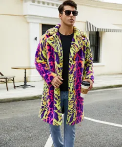 Detailed view of a trendy men's colorful leopard print faux fur coat for winter street style