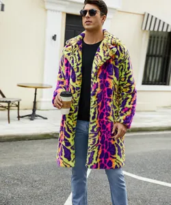 Detailed macro view of colorful faux fur leopard print coat for men