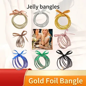 Bracciali da Donna in Silicone Jelly Glitter Multistrato Con Fiocco in Nastro Set di Bracciali Morbidi Gioielli per Feste Regalo