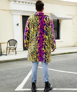 Rear view detail of men's colorful faux fur leopard print coat in street setting