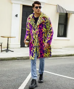 Men's neon leopard print faux fur coat in vibrant purple and yellow for street fashion