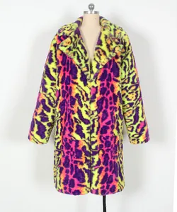 Detailed front view of vibrant neon leopard print faux fur coat for winter fashion