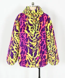 Detail view of a men's faux fur jacket with vibrant purple and yellow leopard patterns.
