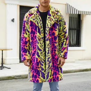 Men's neon leopard print faux fur coat with vibrant purple and pink color blocking