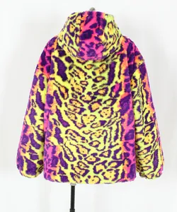Back view of a vibrant multi-color faux fur hooded jacket with leopard print for winter