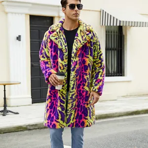 Vibrant leopard print faux fur coat for men, warm winter plush outerwear with notch lapel
