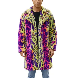 Men's long faux fur coat featuring vibrant colorful leopard print and lapel collar