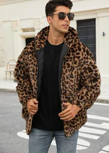 Detail of a men's leopard print faux fur jacket showing the plush texture and hood.