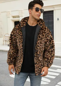 Male model wearing a stylish hooded leopard print faux fur jacket in a street setting