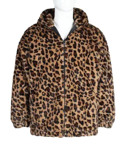 Detailed front view of men's plush leopard print faux fur jacket on white mannequin