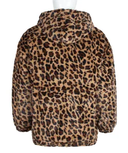 Back view of men's plush faux fur jacket featuring classic brown leopard print pattern