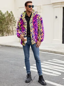 Men's premium vibrant neon leopard print faux fur hooded jacket for stylish winter wear