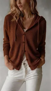 Detail of a brown hooded knit cardigan with button closure in a comfortable loose fit