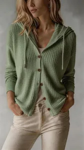 Stylish sage green oversized hooded knit cardigan featuring natural wooden button detail