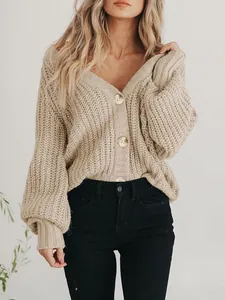 Stijlvol oversized dames grofgebreid vest met V-hals en knoopsluiting