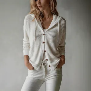 Elegant white hooded knit cardigan for women featuring a loose fit and button closure