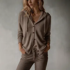 Oatmeal color hooded knit cardigan in a loose fit lightweight solid color design