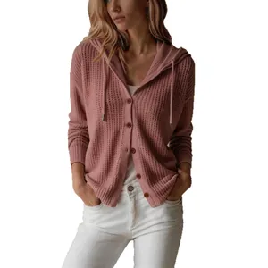 Loose-fit dusty rose hooded knitted cardigan with button front and waffle texture for women