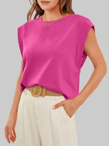 High-quality close-up of women's magenta sleeveless T-shirt featuring padded shoulders