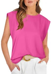 Detailed close-up of a vibrant pink sleeveless cap sleeve T-shirt in a relaxed fit
