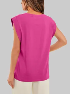 Back view of a hot pink sleeveless muscle tee for women in a relaxed fit