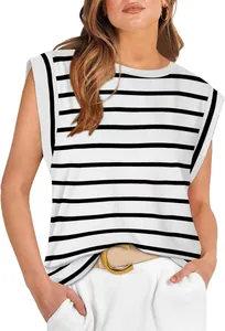 Front view detail of a women's sleeveless striped cap sleeve t-shirt in white and black