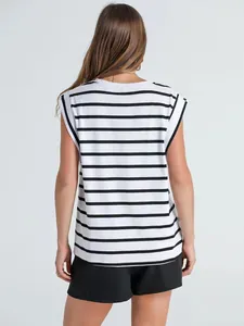Detailed back view of a white sleeveless T-shirt with black horizontal stripes for women