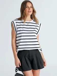 Casual white and black striped sleeveless muscle tee with padded shoulders for summer