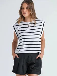 Stylish striped sleeveless T-shirt featuring cap sleeves and a relaxed loose fit for women