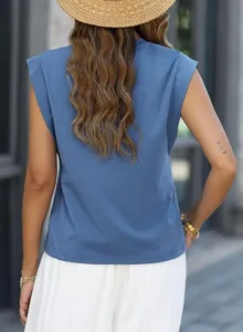 Back view of a blue cap sleeve T-shirt featuring a relaxed fit and solid color design.