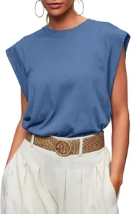 Casual blue cap sleeve sleeveless t-shirt with shoulder pads styled with a braided belt