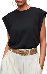 Detailed view of a black sleeveless muscle tee with padded cap sleeves for women.