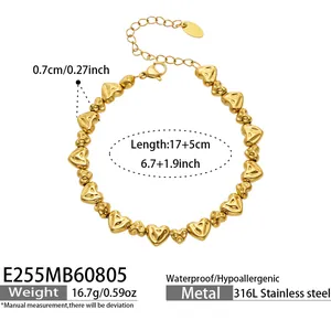 Dimensions détaillées du bracelet en perles de cœur en acier inoxydable doré