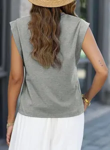 Detailed back view of a grey sleeveless T-shirt featuring padded shoulders and a relaxed fit