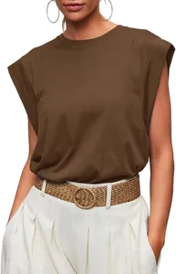 Close-up detail of a women's brown sleeveless cap sleeve T-shirt in a stylish loose fit