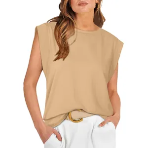 Casual women's loose fit sleeveless T-shirt with padded shoulder design in beige color
