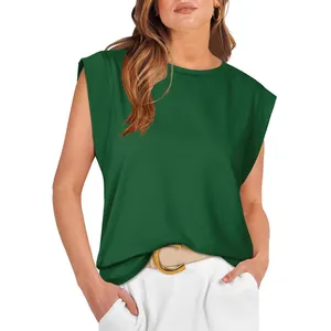 Casual women's dark green sleeveless T-shirt with padded shoulders and loose fit