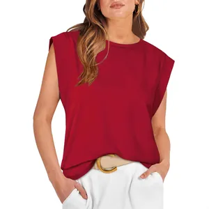 Women's casual sleeveless red T-shirt featuring cap shoulders and a loose fit design