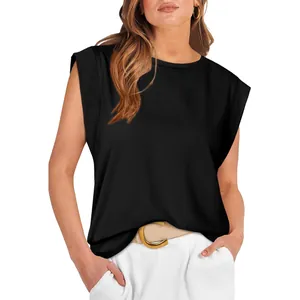 Women's casual black sleeveless T-shirt with padded shoulders and a loose fit design