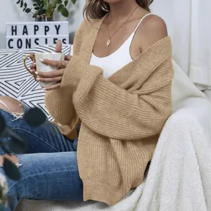 Soft camel chunky knit cardigan featuring stylish lantern sleeves and open front design