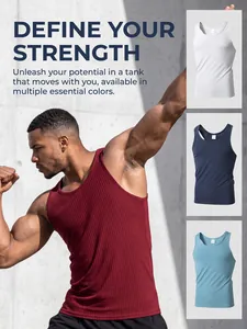 Detailed view of men's ribbed slim fit fitness tank top featuring multiple essential colors.